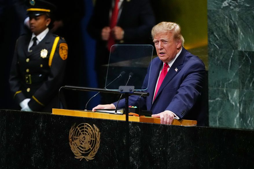 President Donald Trump speaks to the United Nations General Assembly, Tuesday, Sept. 22, 2026, at the UN headquarters. (AP Photo/Julia Demaree Nikhinson)
