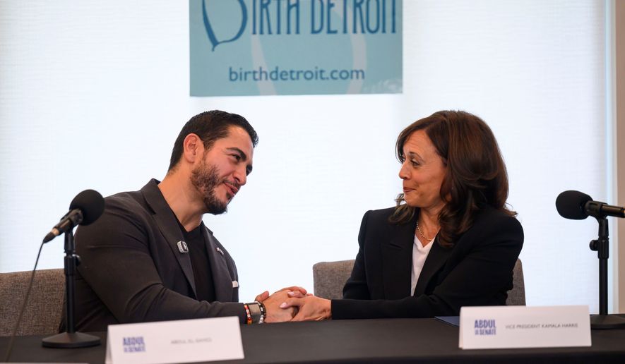Senatorial candidate Abdul El-Sayed, left, and former Vice President Kamala Harris participate in a roundtable discussion about reproductive health at Birth Detroit, in Detroit, Tuesday, Sept. 22, 2026. (David Guralnick/Detroit News via AP, Pool)