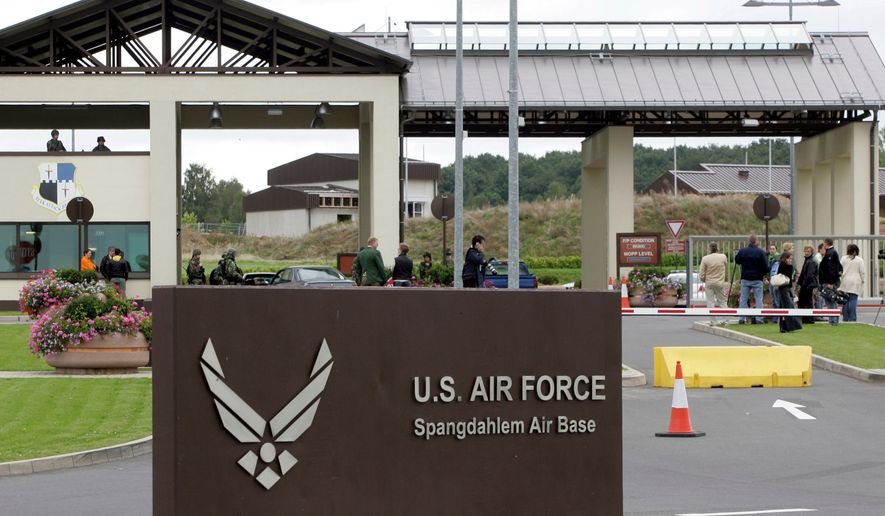 FILE - The main entrance of US airbase in Spangdahlem, western Germany, is seen on Sept. 11, 2007. (AP Photo/Roberto Pfeil, File)