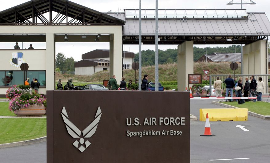 FILE - The main entrance of US airbase in Spangdahlem, western Germany, is seen on Sept. 11, 2007. (AP Photo/Roberto Pfeil, File)