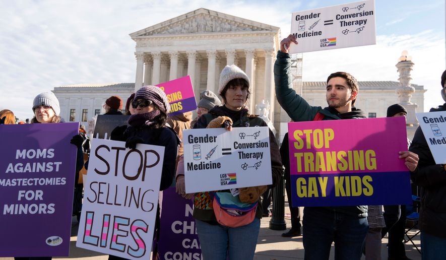 FILE - Demonstrators against transgenders rights protest during a rally outside of the Supreme Court, Dec. 4, 2024, in Washington. (AP Photo/Jose Luis Magana, File)
