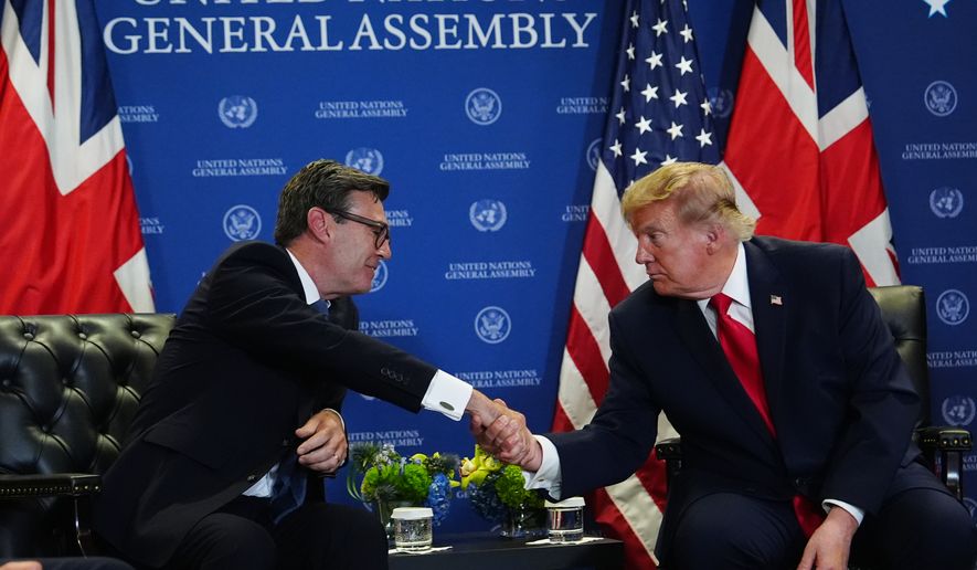 President Donald Trump shakes hands with Britain's Prime Minister Andy Burnham during the United Nations General Assembly, Tuesday, Sept. 22, 2026, at the UN headquarters. (AP Photo/Julia Demaree Nikhinson)