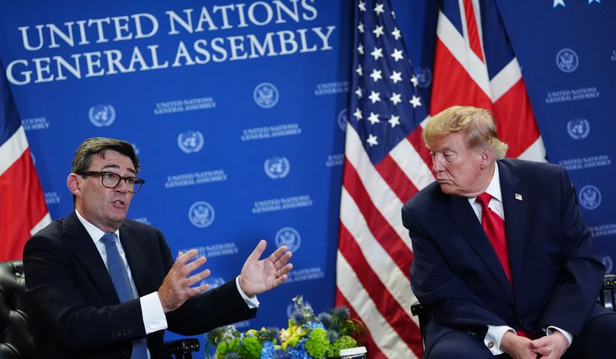 President Donald Trump meets with Britain's Prime Minister Andy Burnham during the United Nations General Assembly, Tuesday, Sept. 22, 2026, at the UN headquarters. (AP Photo/Julia Demaree Nikhinson)