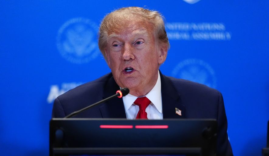 President Donald Trump attends a meeting of the multinational political and security coalition "Shield of the Americas" on the sidelines of the U.N. General Assembly, Tuesday, Sept. 22, 2026, at the UN headquarters. (AP Photo/Julia Demaree Nikhinson)