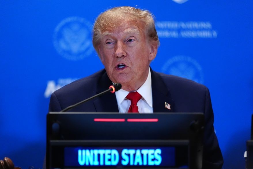 President Donald Trump attends a meeting of the multinational political and security coalition "Shield of the Americas" on the sidelines of the U.N. General Assembly, Tuesday, Sept. 22, 2026, at the UN headquarters. (AP Photo/Julia Demaree Nikhinson)