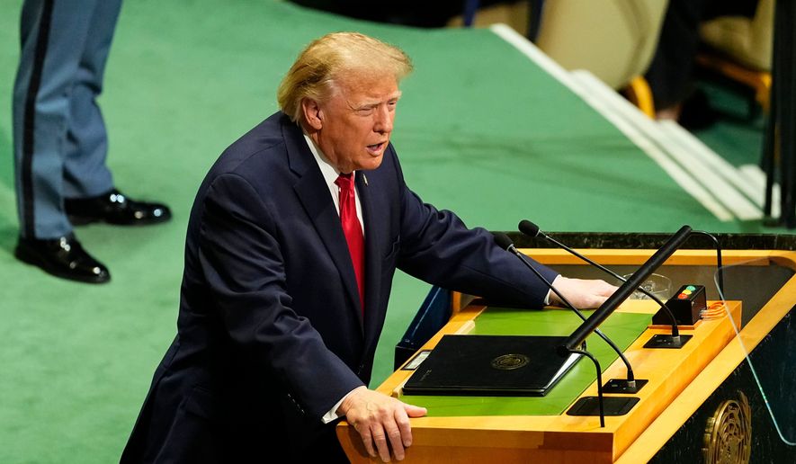 President Donald Trump speaks at the U.N. General Assembly (UNGA) at the U.N. headquarters on Tuesday, Sept. 22, 2026. (Justin Tang/The Canadian Press via AP)