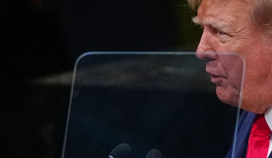 President Donald Trump speaks to the United Nations General Assembly at the U.N. headquarters on Tuesday, Sept. 22, 2026. (AP Photo/Julia Demaree Nikhinson)