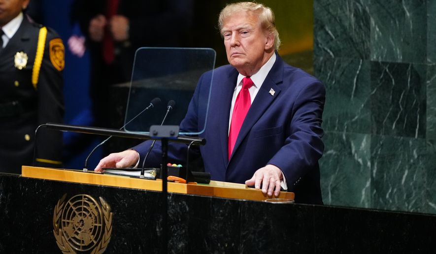 President Donald Trump speaks to the United Nations General Assembly, Tuesday, Sept. 22, 2026, at the UN headquarters. (AP Photo/Julia Demaree Nikhinson)