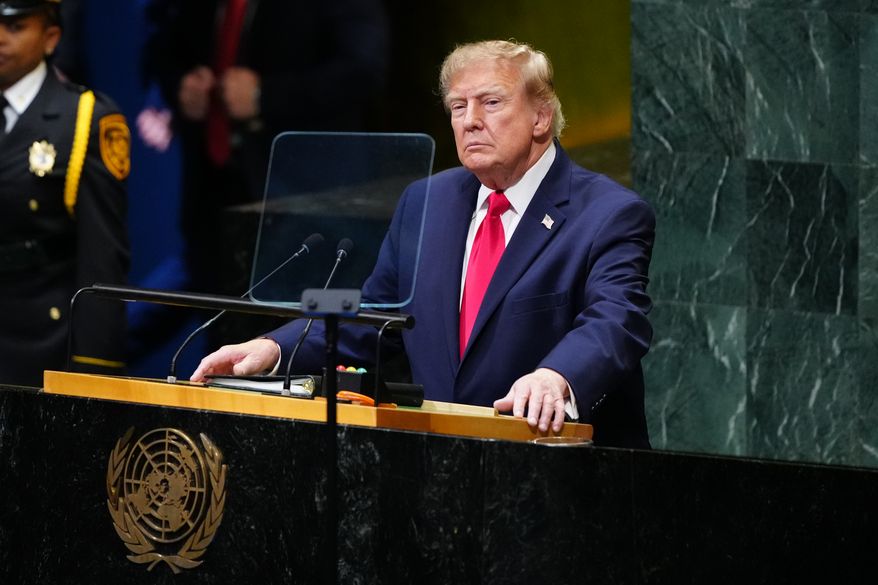 President Donald Trump speaks to the United Nations General Assembly, Tuesday, Sept. 22, 2026, at the UN headquarters. (AP Photo/Julia Demaree Nikhinson)
