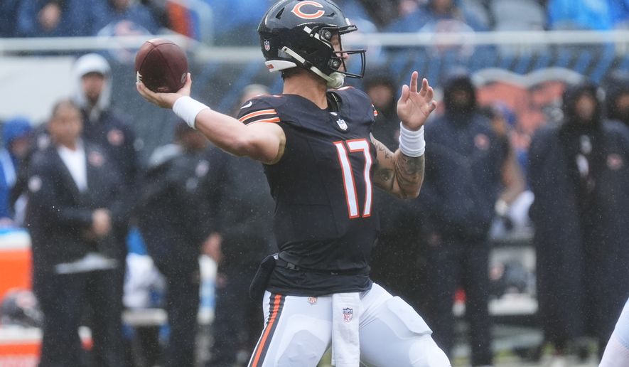 Chicago Bears quarterback Tyson Bagent (17) stands back to pass during the second half of an NFL football game in Chicago Minnesota Vikings, Sunday, Sept. 20, 2026. (AP Photo/David Banks)