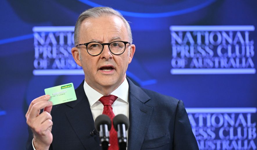 Australian Prime Minister Anthony Albanese addresses the National Press Club in Canberra, Australia, on, April 30, 2025. (Lukas Coch/AAP Image via AP)