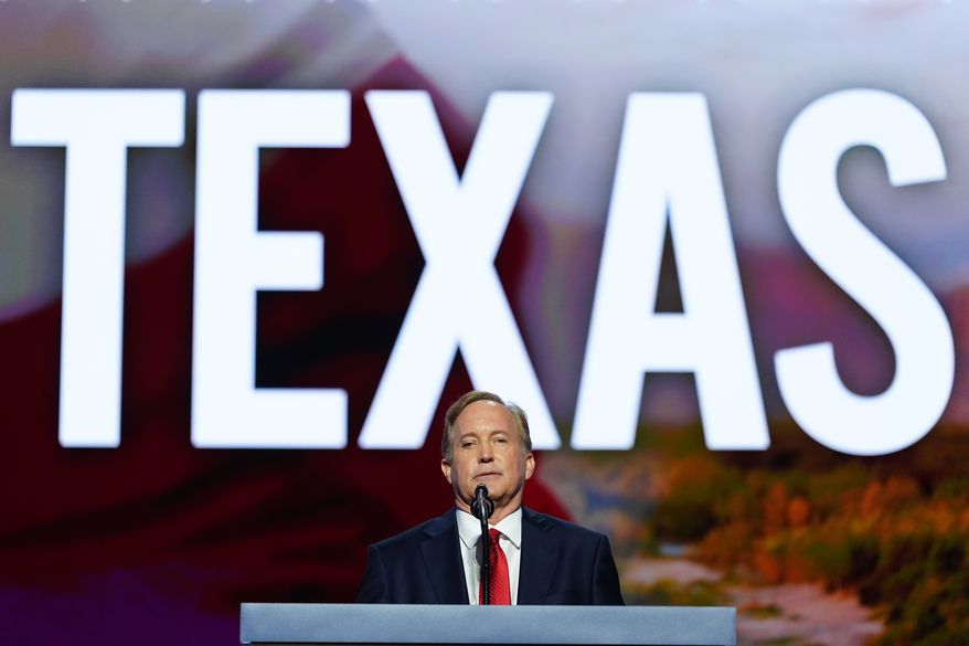 Republican U.S. Senate candidate Texas Attorney General Ken Paxton speaks at the Republican convention Wednesday, Sept. 9, 2026, in Dallas. (AP Photo/Julia Demaree Nikhinson)