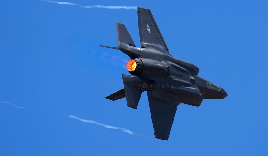 U.S. Air Force fighter aircraft F-35 performs aerobatic maneuvers on the second day of the Aero India 2023 at Yelahanka air base in Bengaluru, India, Feb. 14, 2023. (AP Photo/Aijaz Rahi, File)