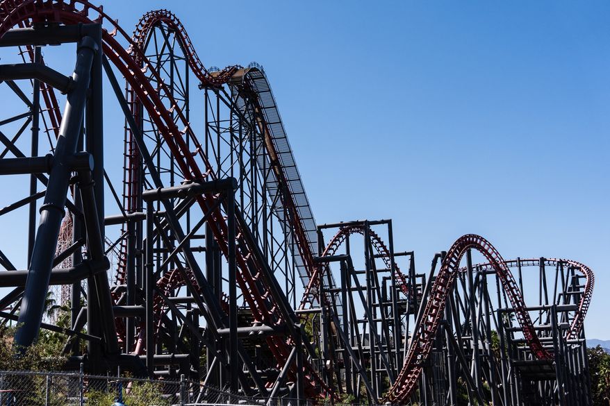 The X2 roller coaster is seen at Six Flags Magic Mountain in Valencia , Calif., Wednesday, Sept. 23, 2026. (AP Photo/Jae C. Hong)