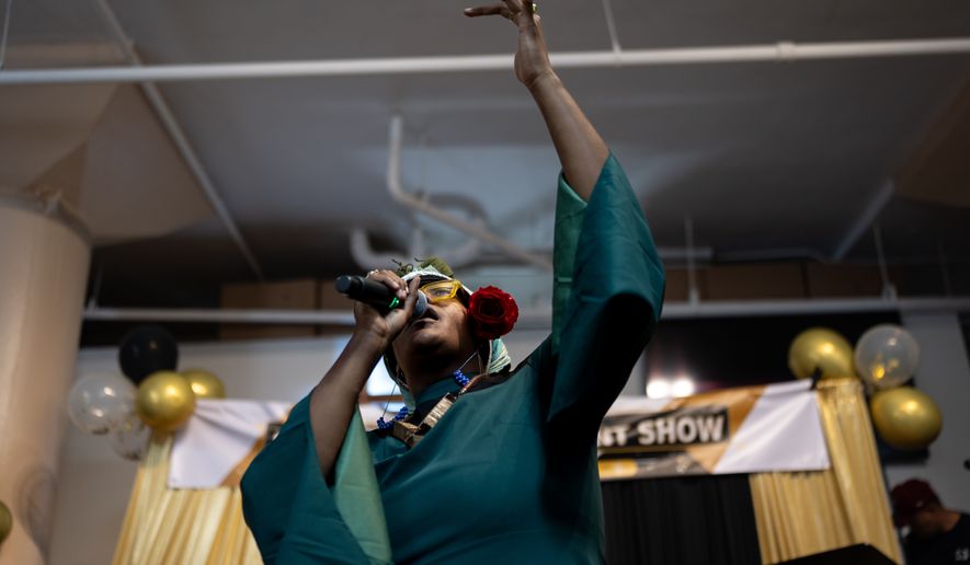Deoujahne Darc performs during Skid Row's first annual talent show in downtown Los Angeles, Saturday, Sept. 19, 2026. (AP Photo/Jae C. Hong)