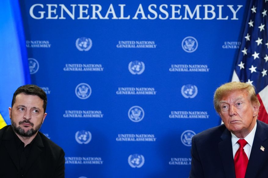 President Donald Trump meets with Ukraine's President Volodymyr Zelenskyy during the United Nations General Assembly, Tuesday, Sept. 22, 2026, at the UN headquarters. (AP Photo/Julia Demaree Nikhinson)