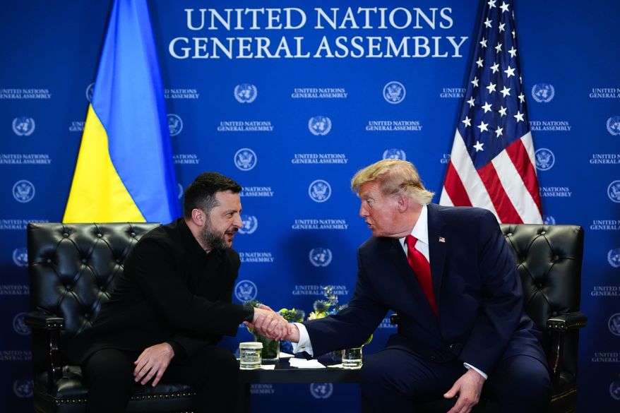 President Donald Trump and Ukraine's President Volodymyr Zelenskyy shake hands while meeting during the United Nations General Assembly, Tuesday, Sept. 22, 2026, at the U.N. headquarters. (AP Photo/Julia Demaree Nikhinson)