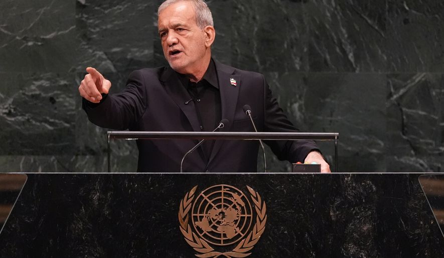 Iran's President Masoud Pezeshkian speaks during the 81st session of the United Nations General Assembly at United Nations headquarters, Wednesday, Sept. 23, 2026. (AP Photo/Heather Khalifa)