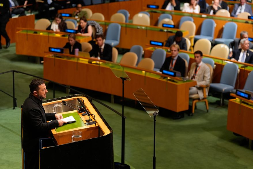 Ukraine's President Volodymyr Zelenskyy speaks during the 81st session of the United Nations General Assembly at United Nations headquarters, Wednesday, Sept. 23, 2026. (AP Photo/Seth Wenig)