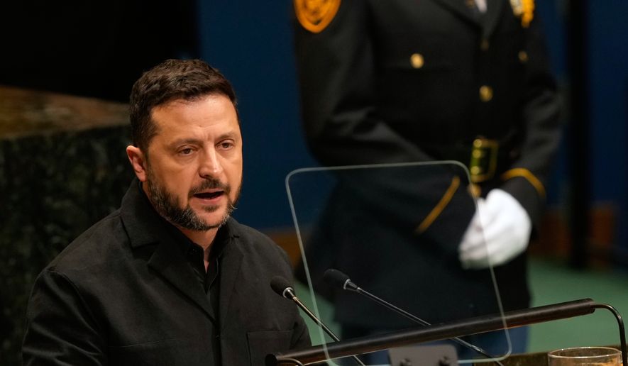 Ukraine's President Volodymyr Zelenskyy speaks during the 81st session of the United Nations General Assembly at United Nations headquarters, Wednesday, Sept. 23, 2026. (AP Photo/Seth Wenig)