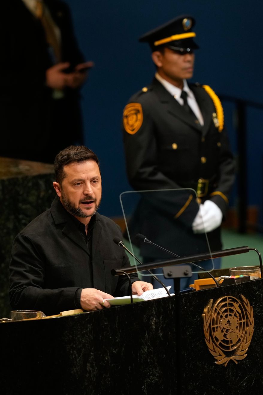 Ukraine's President Volodymyr Zelenskyy speaks during the 81st session of the United Nations General Assembly at United Nations headquarters, Wednesday, Sept. 23, 2026. (AP Photo/Seth Wenig)