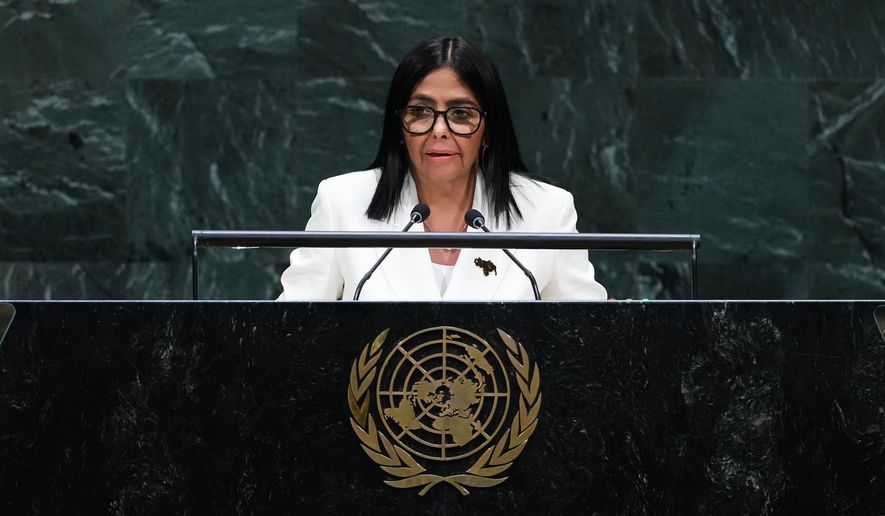 Delcy Rodríguez, acting president of Venezuela, addresses the 81st session of the United Nations General Assembly at U.N. headquarters Wednesday, Sept. 23, 2026. (AP Photo/Frank Franklin II)
