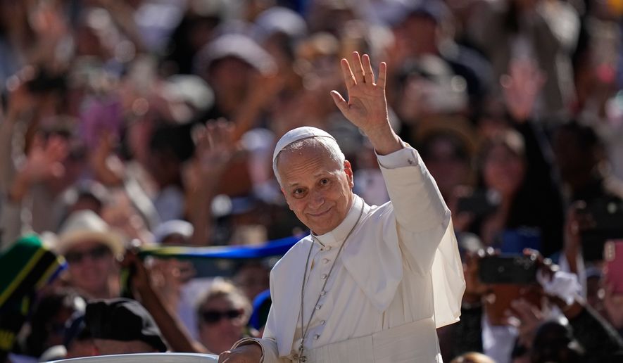 Pope Leo XIV arrives for his weekly general audience in St. Peter's Square, at the Vatican, Wednesday, Sept. 23, 2026. (AP Photo/Alessandra Tarantino)