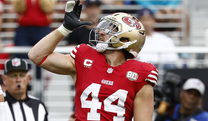 FILE - San Francisco 49ers fullback Kyle Juszczyk gestures after a play against the Miami Dolphins during the second half an NFL football game in Santa Clara, Calif., Sept. 20, 2026. (AP Photo/Kelley L Cox, File)