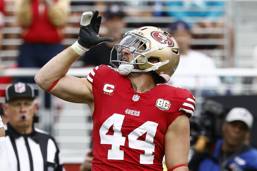 FILE - San Francisco 49ers fullback Kyle Juszczyk gestures after a play against the Miami Dolphins during the second half an NFL football game in Santa Clara, Calif., Sept. 20, 2026. (AP Photo/Kelley L Cox, File)