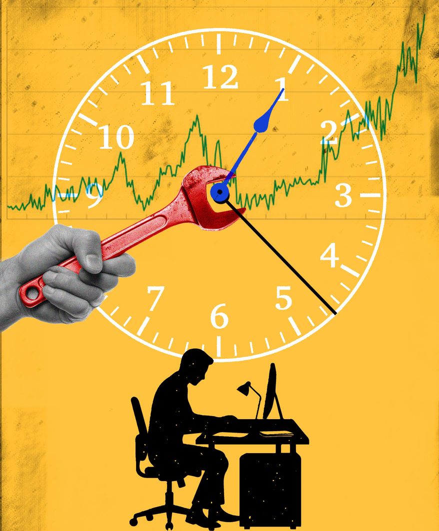 Measuring employees by the clock and working by the hour illustration by Linas Garsys / The Washington Times