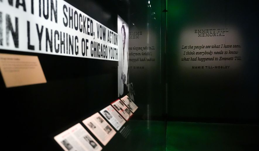 The entrance to an exhibit on Emmett Till is seen at the Smithsonian's National Museum of African American History and Culture, Wednesday, Sept. 23, 2026, in Washington. (AP Photo/Julia Demaree Nikhinson)