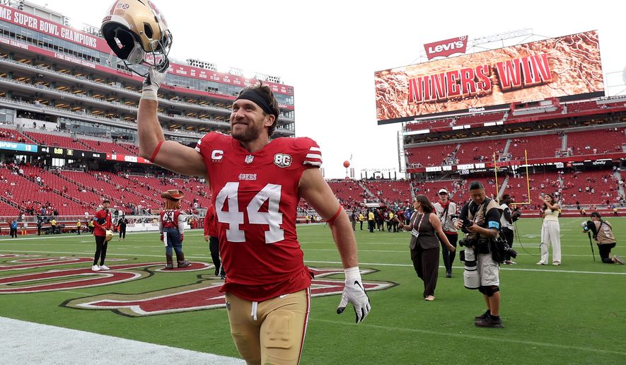 San Francisco 49ers fullback Kyle Juszczyk (44) celebrates after an NFL football game against the Miami Dolphins in Santa Clara, Calif., Sunday, Sept. 20, 2026. (AP Photo/Jed Jacobsohn)