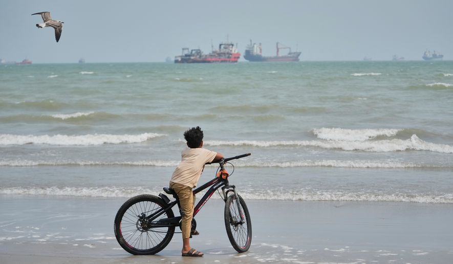 A gull flies overhead as a boy stands with his bicycle on a beach overlooking commercial vessels anchored in the Strait of Hormuz off Bandar Abbas, Iran, Monday, Sept. 7, 2026. (AP Photo/Vahid Salemi, File)