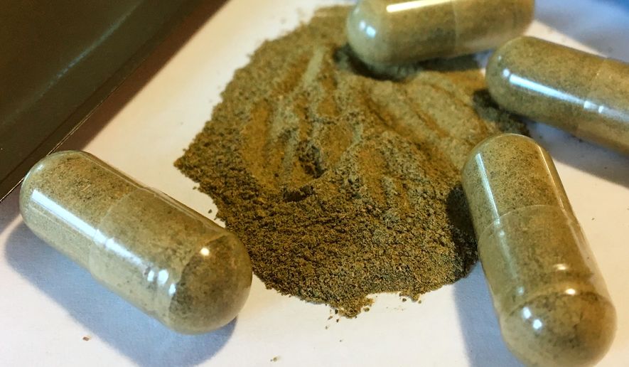 Kratom capsules are seen in Albany, N.Y., on Sept. 27, 2017. (AP Photo/Mary Esch) **FILE**