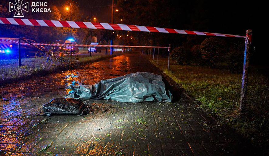 In this photo provided by the Ukrainian Emergency Services, a body lies on the street following a Russian strike on Kyiv, Ukraine, Thursday, Sept. 24, 2026. (Ukrainian Emergency Service via AP)