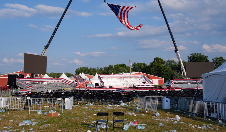 FILE - A campaign rally site for Republican presidential candidate former President Donald Trump is empty and littered with debris on July 13, 2024, in Butler, Pa. (AP Photo/Evan Vucci, File)