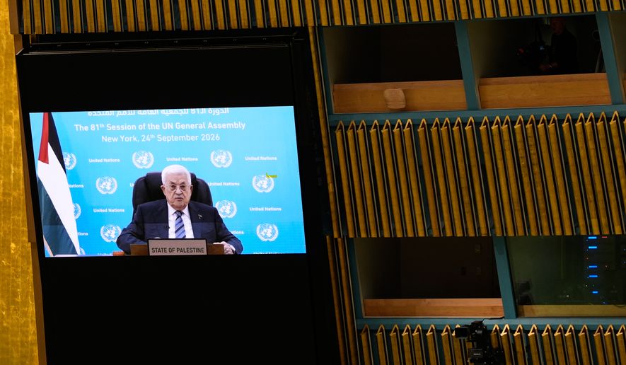 Palestinian President Mahmoud Abbas speaks via pre-recorded video during the 81st session of the United Nations General Assembly at United Nations headquarters, Thursday, Sept. 24, 2026. (AP Photo/Seth Wenig)
