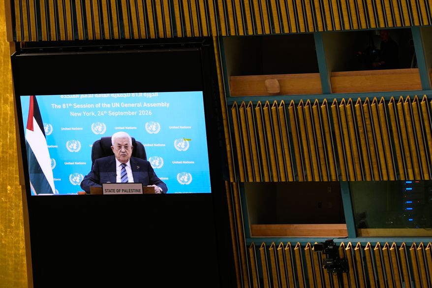 Palestinian President Mahmoud Abbas speaks via pre-recorded video during the 81st session of the United Nations General Assembly at United Nations headquarters, Thursday, Sept. 24, 2026. (AP Photo/Seth Wenig)