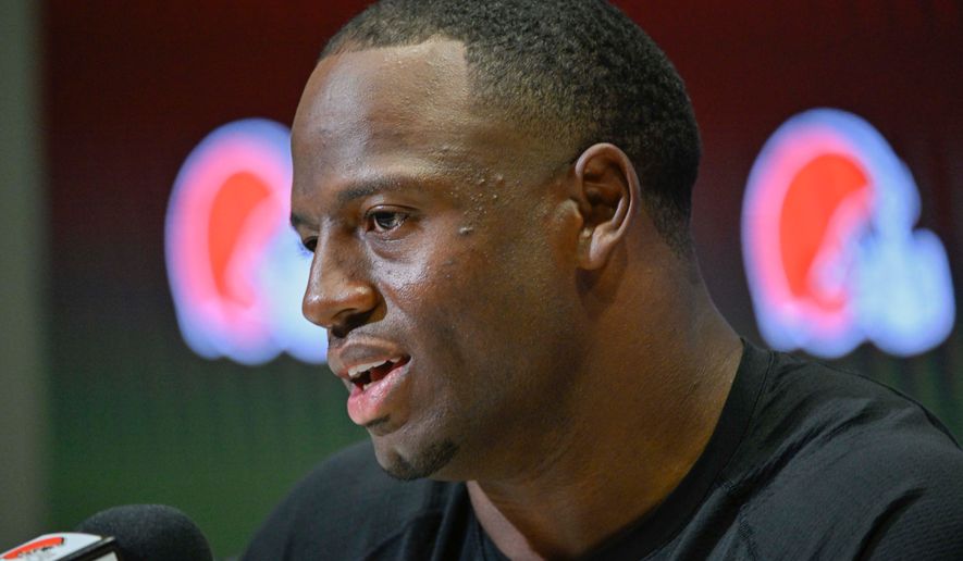 Former Cleveland Browns running back Nick Chubb speaks to reporters during a news conference, Friday, Sept. 25, 2026, in Berea, Ohio, after signing a one-day contract with the NFL football team so he could retire as a Cleveland Brown. (AP Photo/Phil Long)