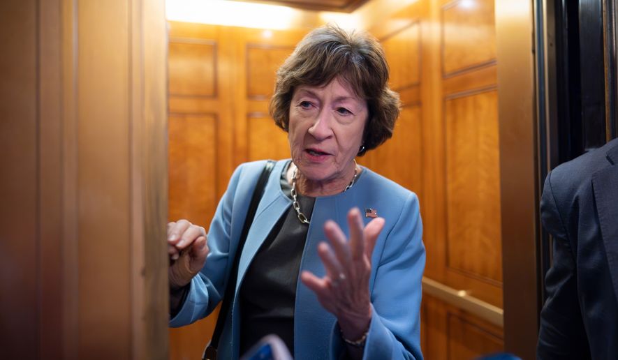 Sen. Susan Collins, R-Maine, responds to reporters about the confirmation hearing for Heidi Overton, President Donald Trump's pick to lead the Food and Drug Administration, at the Capitol in Washington, Thursday, Sept. 24, 2026. (AP Photo/J. Scott Applewhite)