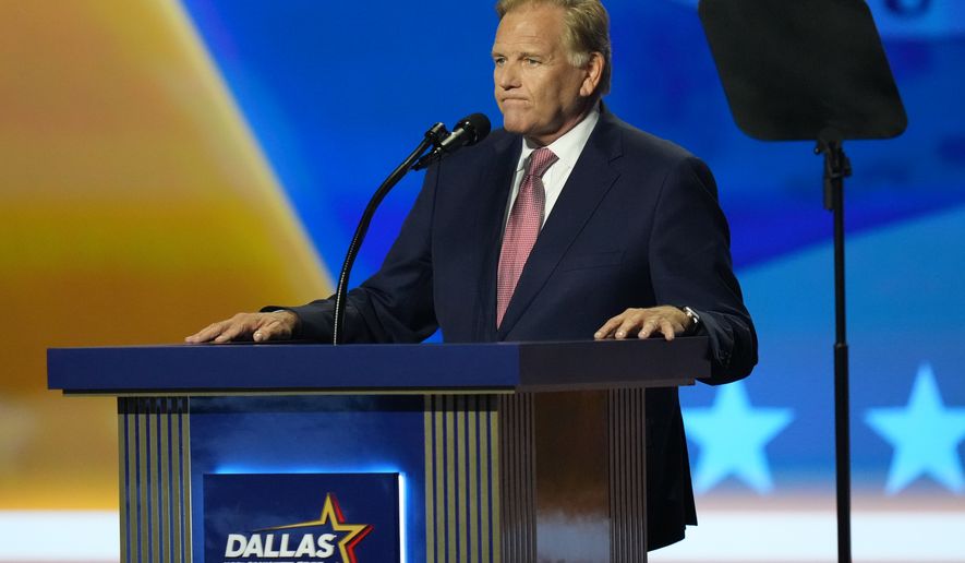 Mike Rogers, Michigan U.S. Senate candidate, speaks at the Republican convention Thursday, Sept. 10, 2026, in Dallas. (AP Photo/Alex Brandon)