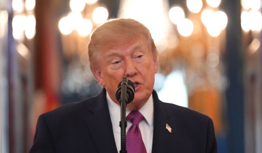 President Donald Trump speaks during an arrival ceremony with China's President Xi Jinping in the Grand Foyer of the White House, Thursday, Sept. 24, 2026, in Washington. (AP Photo/Jacquelyn Martin)