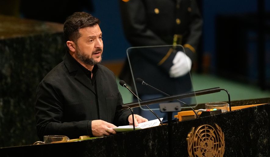 Ukraine's President Volodymyr Zelenskyy speaks during the 81st session of the U.N. General Assembly at United Nations headquarters, Wednesday, Sept. 23, 2026. (AP Photo/Seth Wenig)