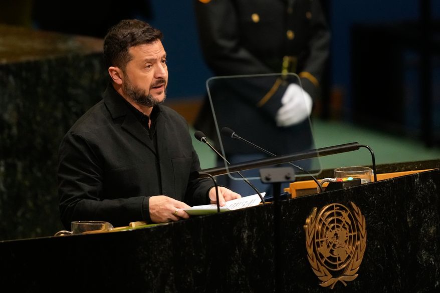 Ukraine's President Volodymyr Zelenskyy speaks during the 81st session of the U.N. General Assembly at United Nations headquarters, Wednesday, Sept. 23, 2026. (AP Photo/Seth Wenig)
