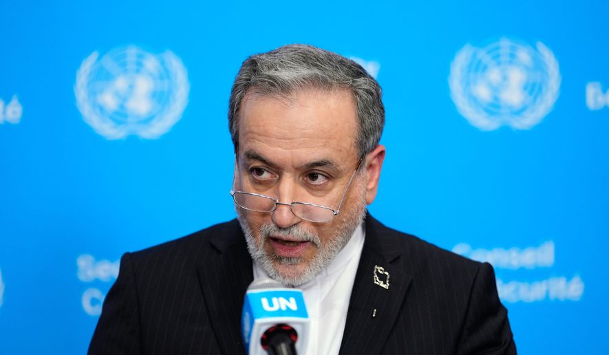 Iran's Foreign Minister Abbas Araghchi speaks to the media during the 81st session of the United Nations General Assembly at United Nations headquarters, Friday, Sept. 25, 2026. (AP Photo/Yuki Iwamura)