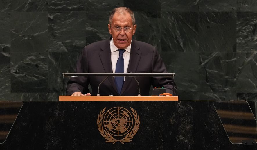 Foreign Minister Sergey Lavrov of Russia speaks during the 81st session of the United Nations General Assembly at United Nations headquarters, Saturday, Sept. 26, 2026. (AP Photo/Heather Khalifa)