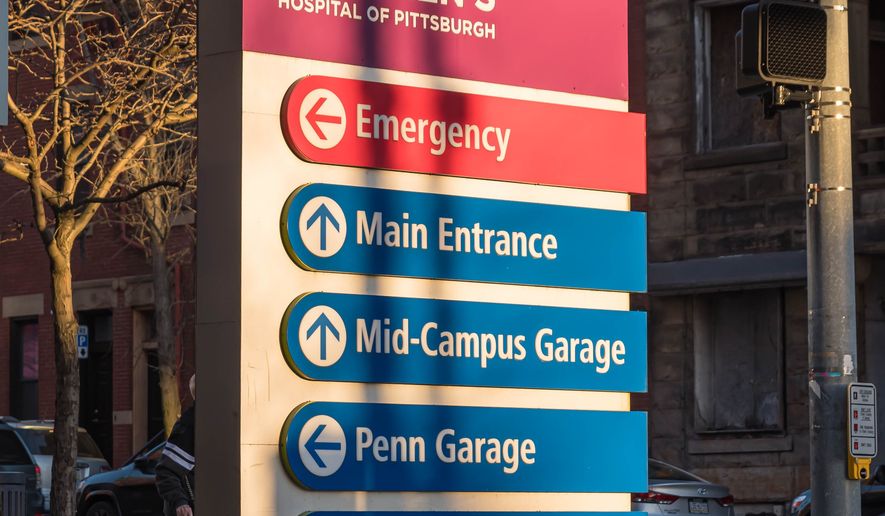A sign for the UPMC Children's Hospital on Penn Avenue. Pittsburgh, Pennsylvania, USA February 7, 2024. File photo credit: woodsnorthphoto via Shutterstock.