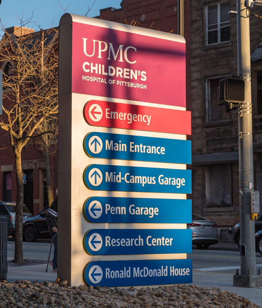 A sign for the UPMC Children's Hospital on Penn Avenue. Pittsburgh, Pennsylvania, USA February 7, 2024. File photo credit: woodsnorthphoto via Shutterstock.