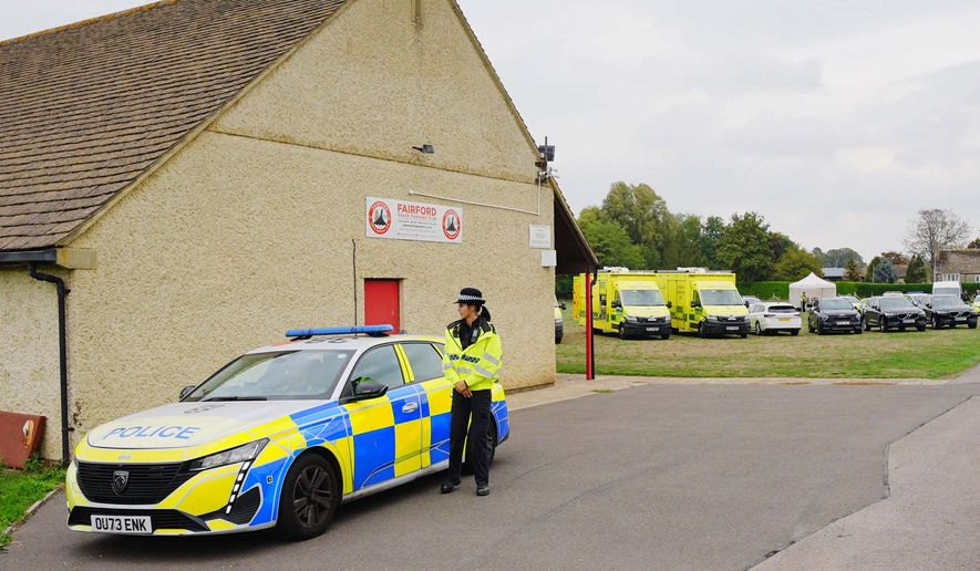 Emergency services attend the scene of an incident close to RAF Fairford, in Whelford, England, on Sunday, Sept. 27, 2026. (Ben Birchall/PA via AP)