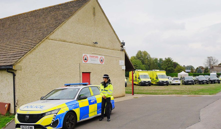 Emergency services at the scene of an incident close to RAF Fairford,, in Whelford, England, Sunday, Sept. 27, 2026 .(Ben Birchall/PA via AP)